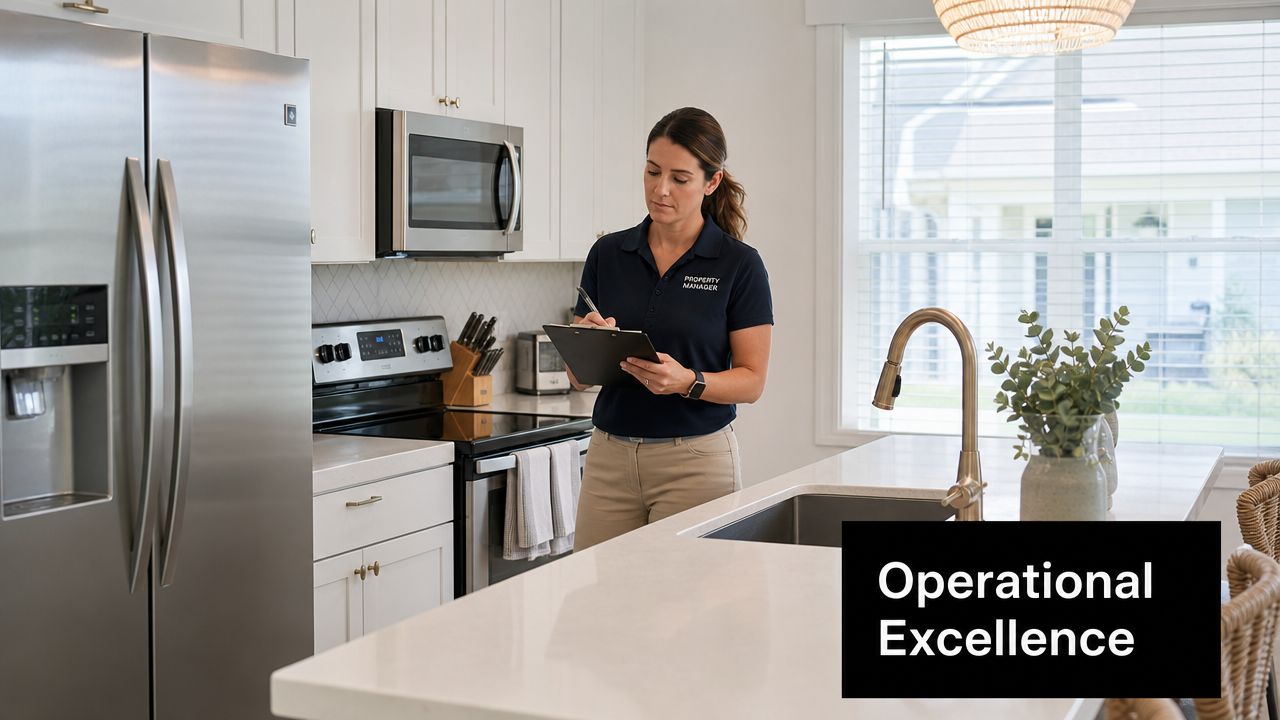 A female property manager taking notes on a clipboard inside a modern, clean residential kitchen.