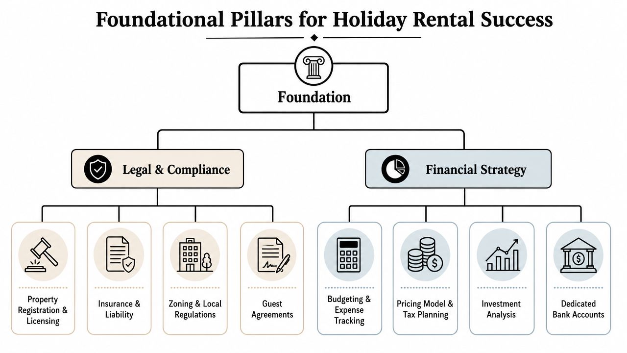 A diagram outlining the foundational pillars for holiday rental success, including legal, compliance, and financial strategy elements.