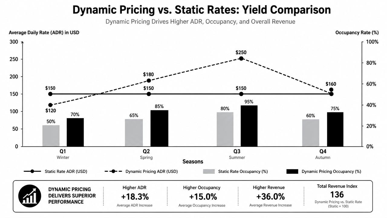 A chart comparing dynamic pricing and static rates in holiday rentals showing higher revenue, occupancy, and ADR.