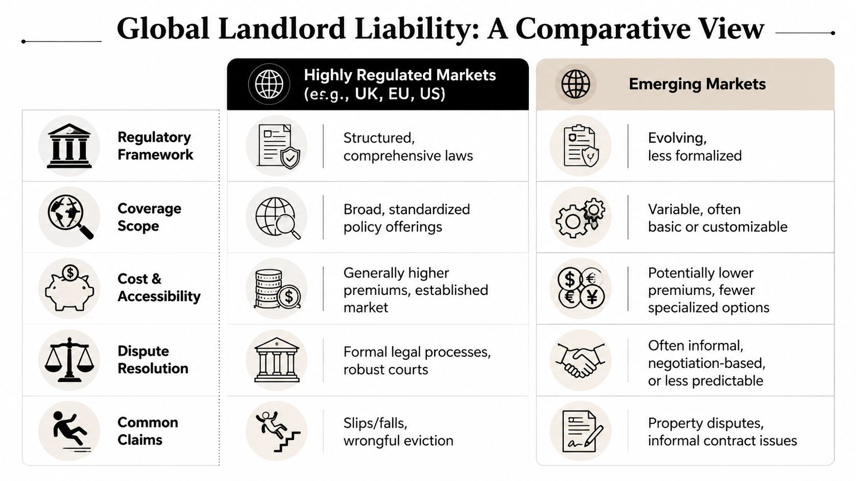 A comparison table contrasting landlord liability insurance frameworks between highly regulated and emerging global markets.