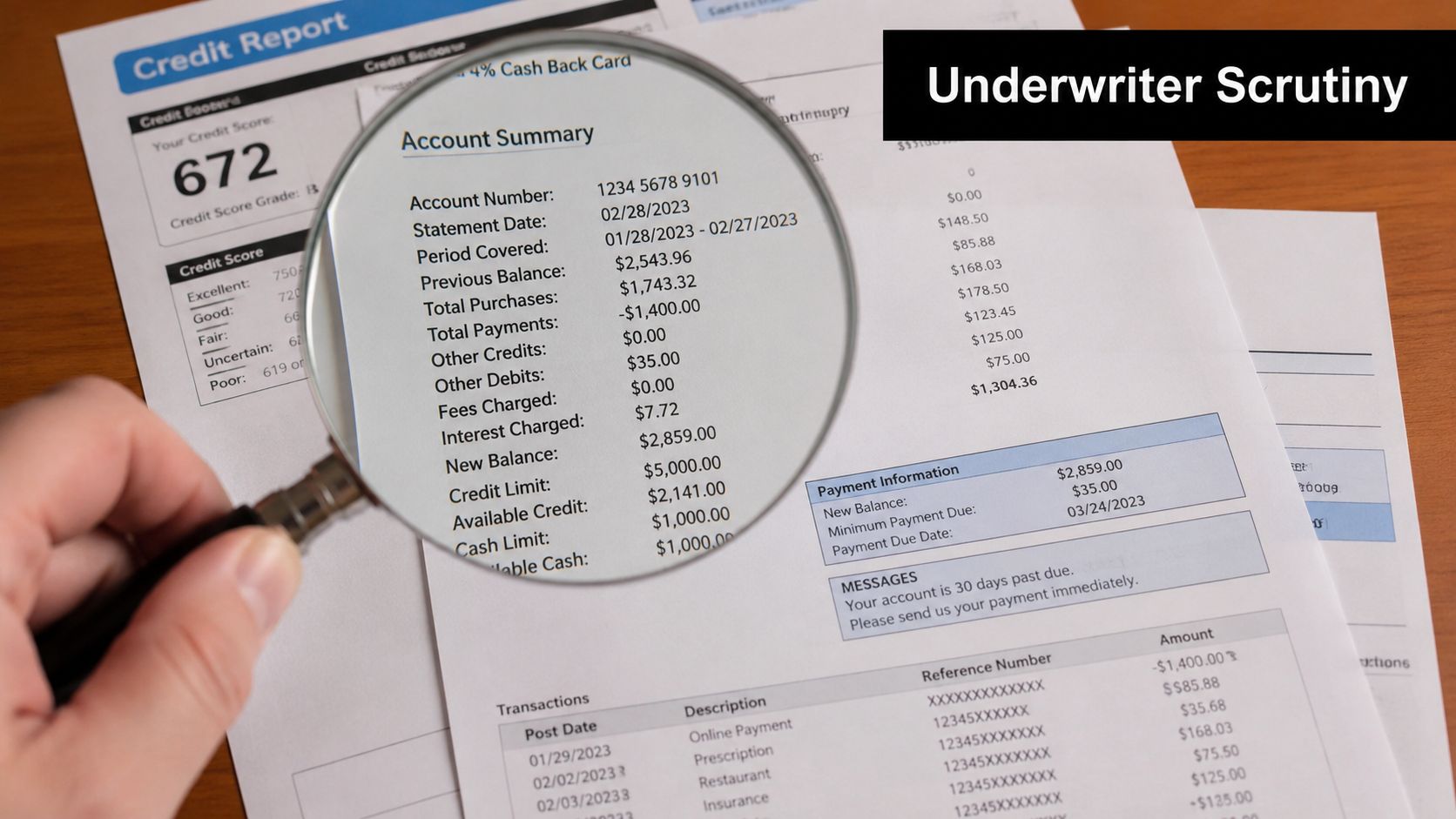 A person using a magnifying glass to carefully inspect a credit report document on a desk.