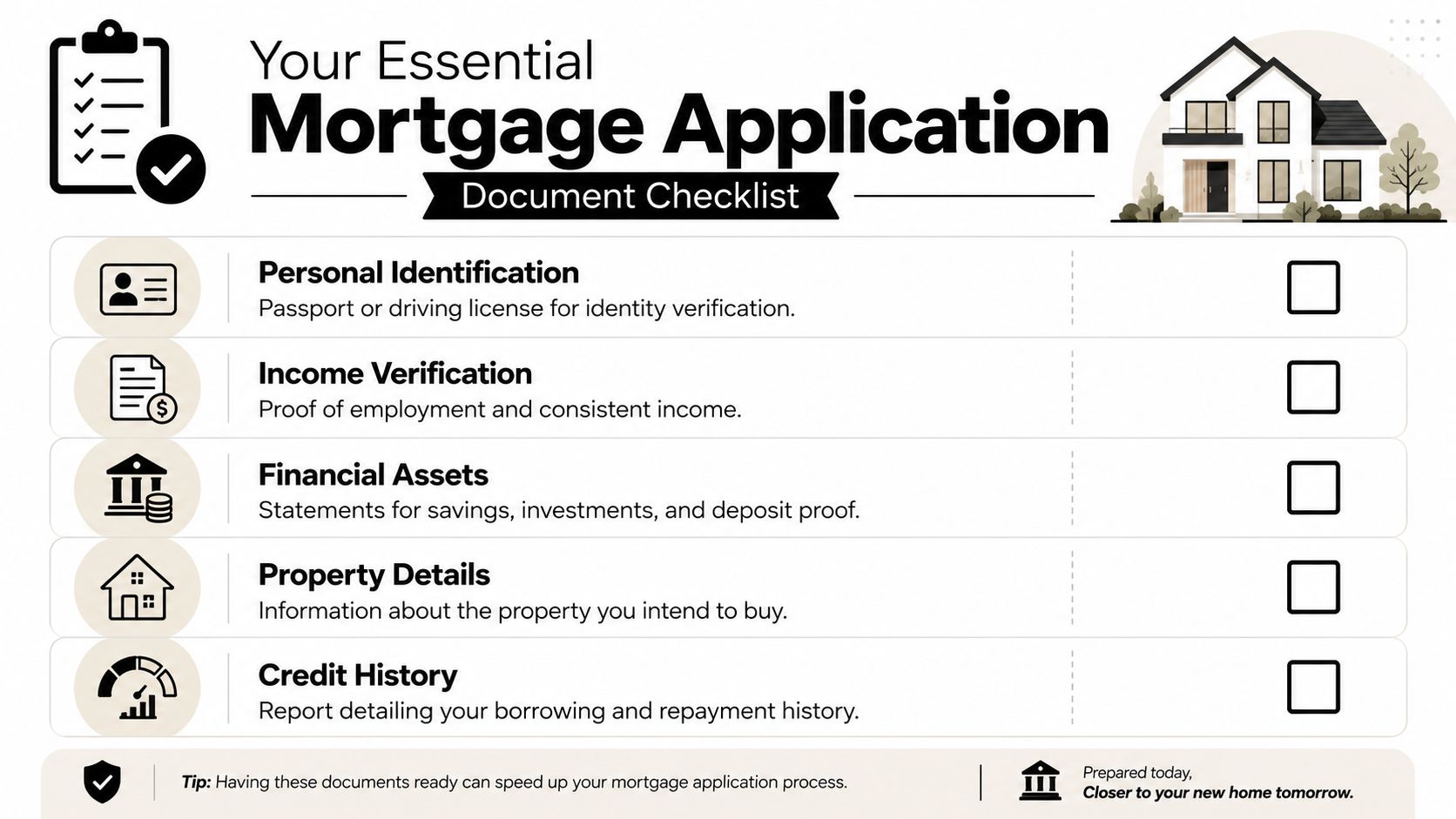 A checklist showing the five essential documents needed for a successful mortgage application process.