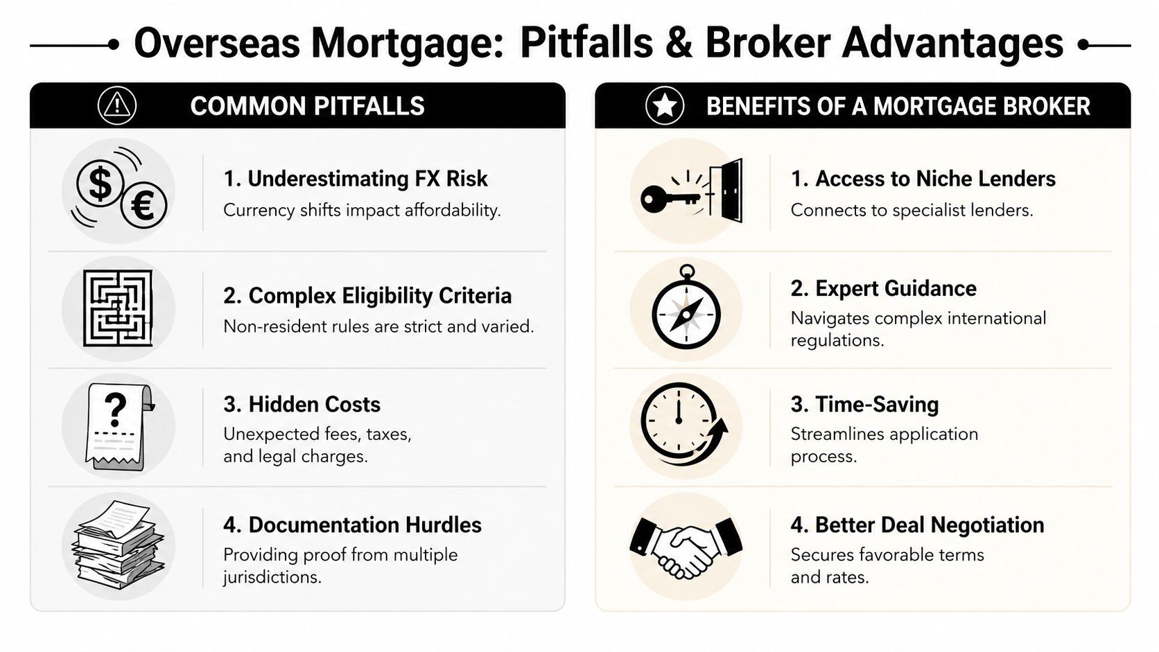 An infographic comparing common pitfalls of overseas mortgages with the benefits of using a mortgage broker.