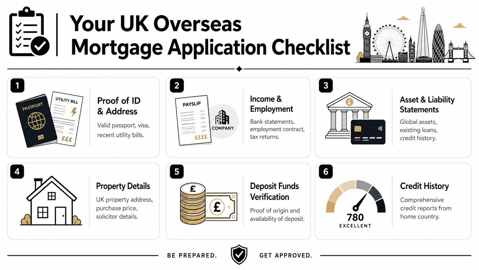 A visual checklist outlining the six key requirements for applying for an overseas mortgage in the UK.