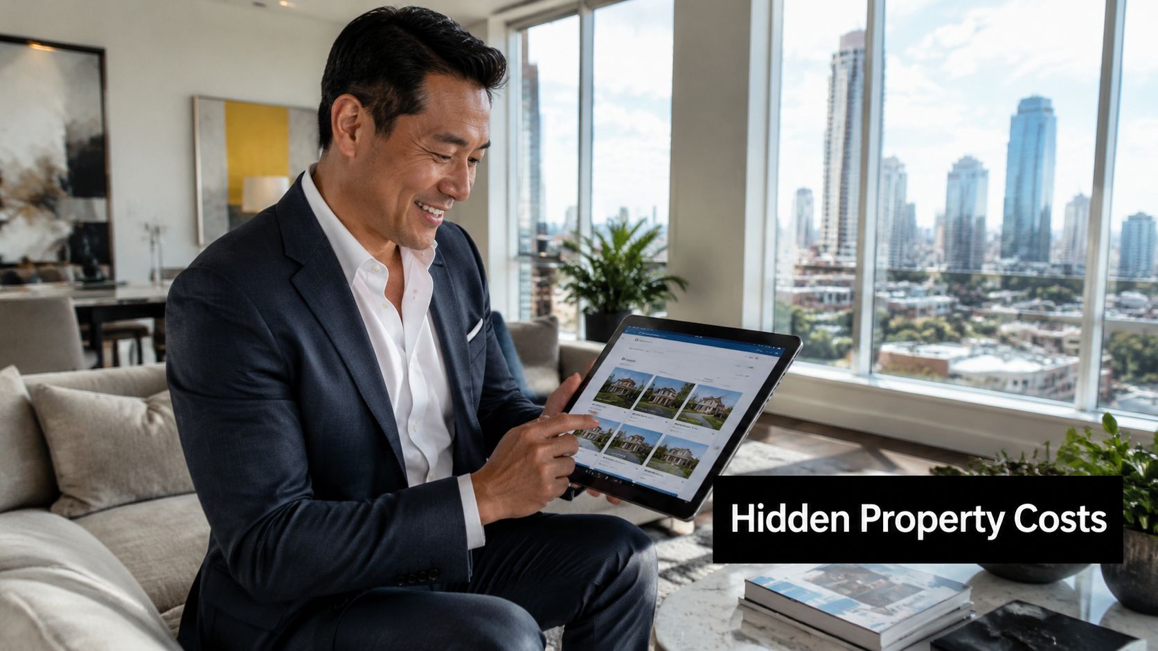 A professional man reviewing property listings on a tablet while sitting in a modern apartment.