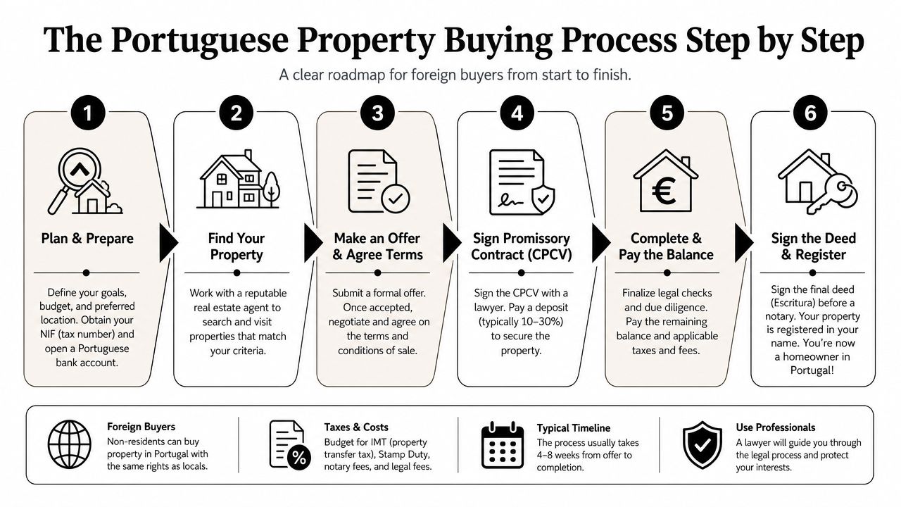 A six-step visual guide outlining the property buying process for foreign investors in Portugal.