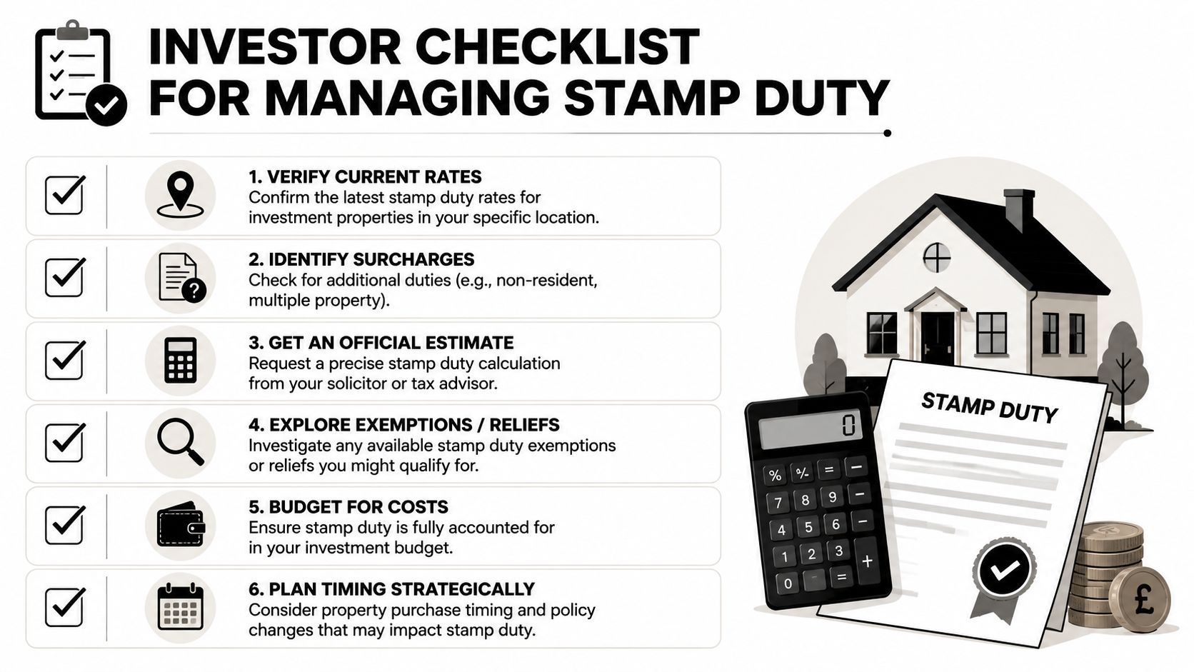 A checklist for real estate investors on managing stamp duty costs for investment properties.