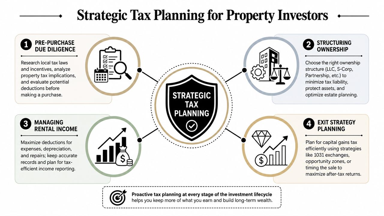 A diagram outlining the four stages of strategic tax planning for property investors, including pre-purchase, ownership, income management, and exit strategies.