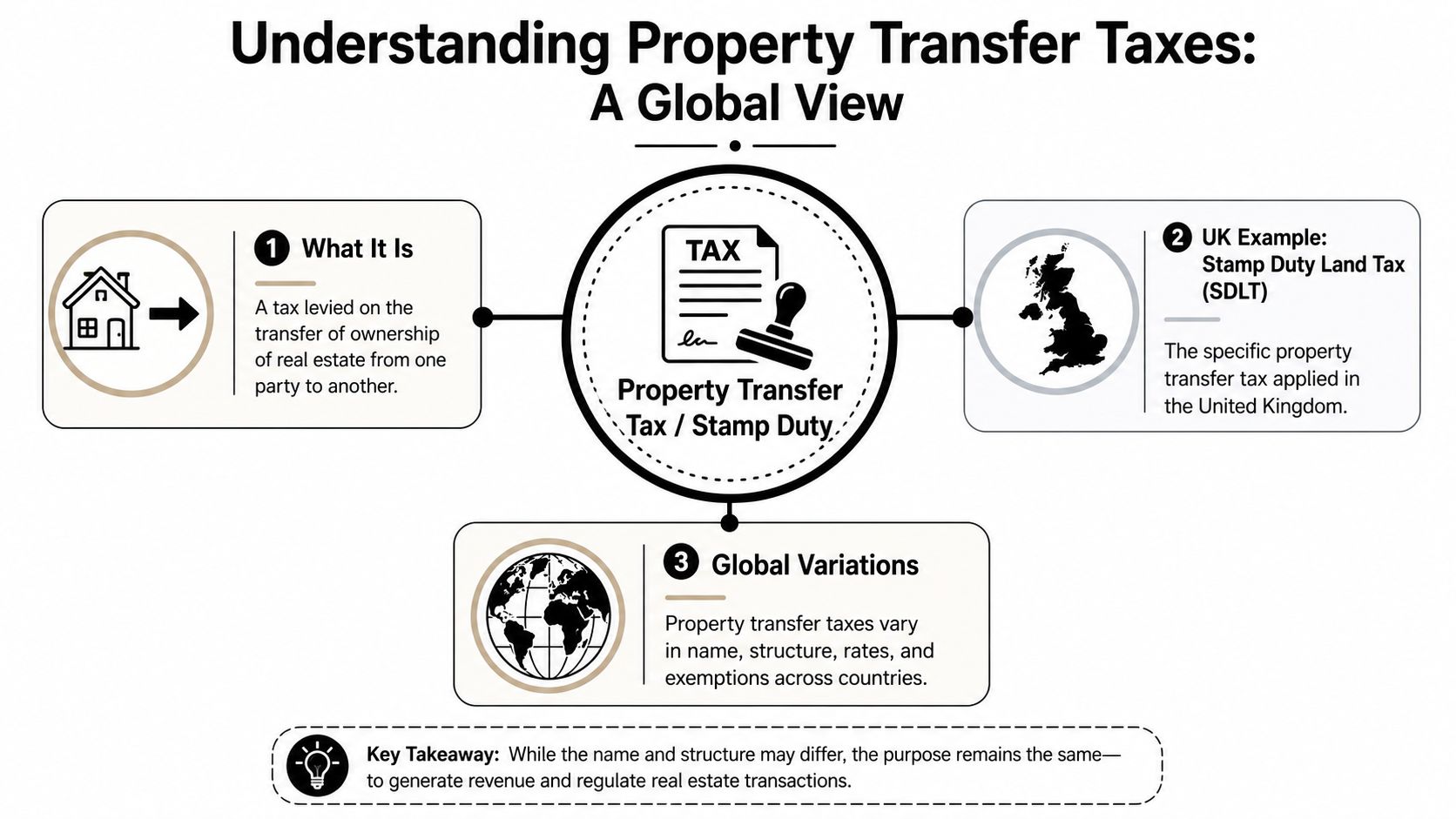 An infographic explaining global property transfer taxes, stamp duty, and their purpose in real estate transactions.
