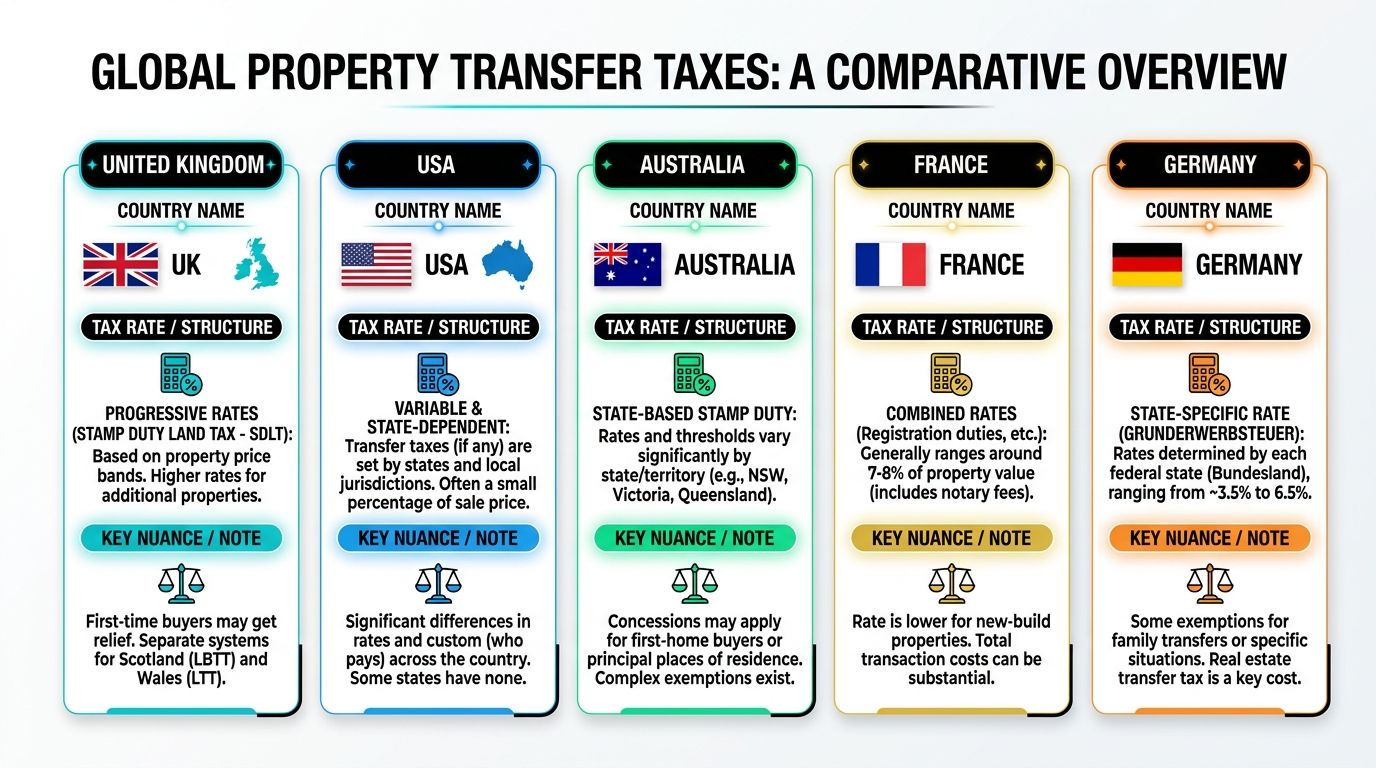 A comparative infographic detailing property transfer taxes across the United Kingdom, USA, Australia, France, and Germany.