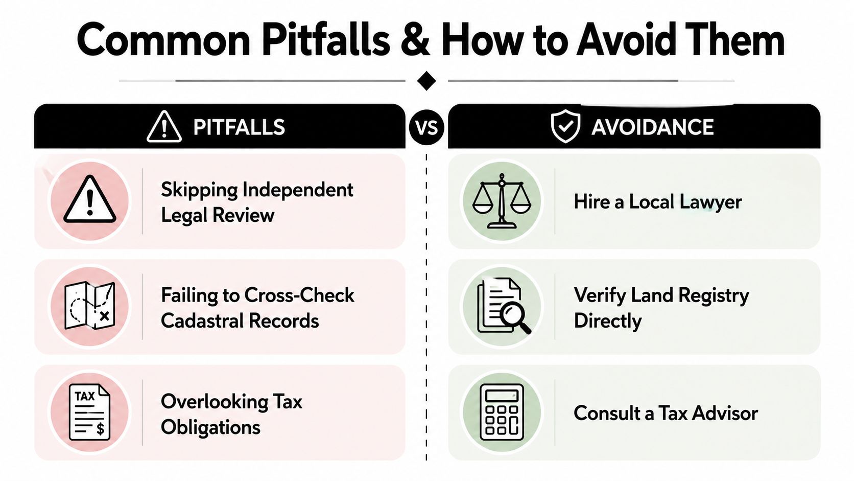 A comparison chart showing common property buying pitfalls on the left and avoidance strategies on the right.