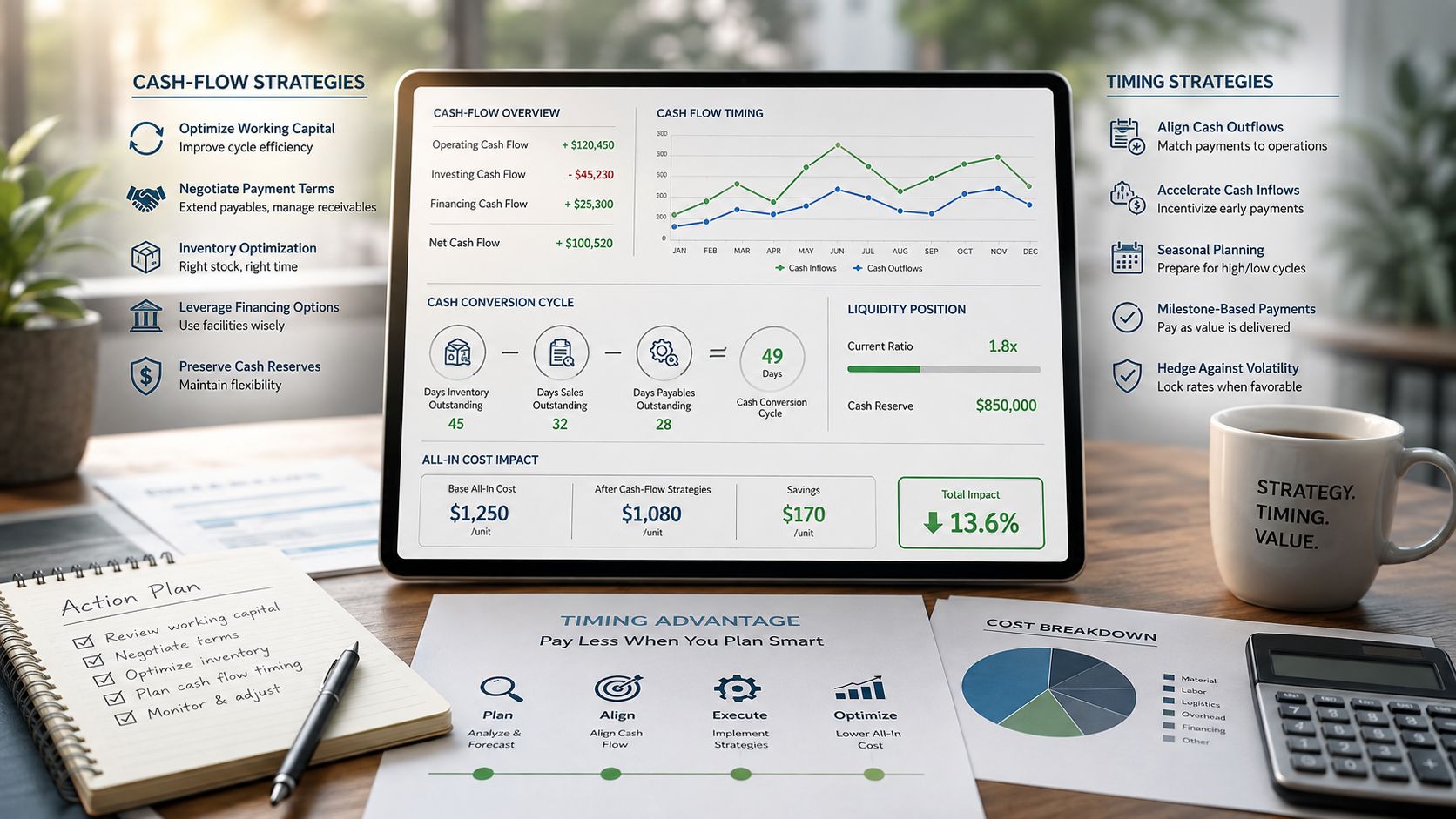 A digital tablet displaying cash flow analytics and financial strategies on a desk with an action plan.