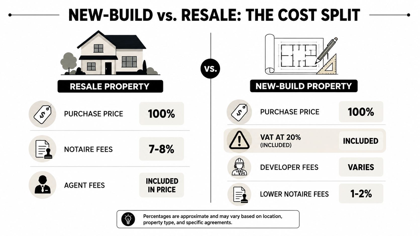 A comparison chart showing the cost differences between buying a resale property versus a new-build property.