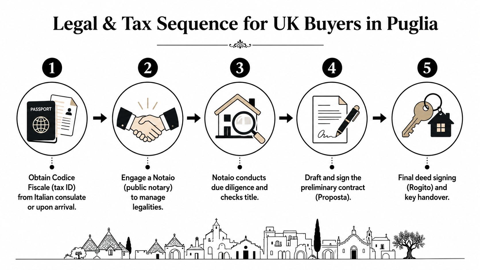 A five-step infographic detailing the legal and tax sequence for UK buyers purchasing property in Puglia, Italy.