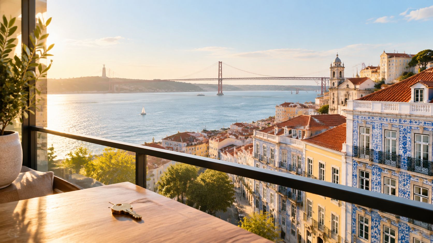 A scenic balcony view of the Tagus River, 25 de Abril Bridge, and traditional buildings in Lisbon, Portugal.