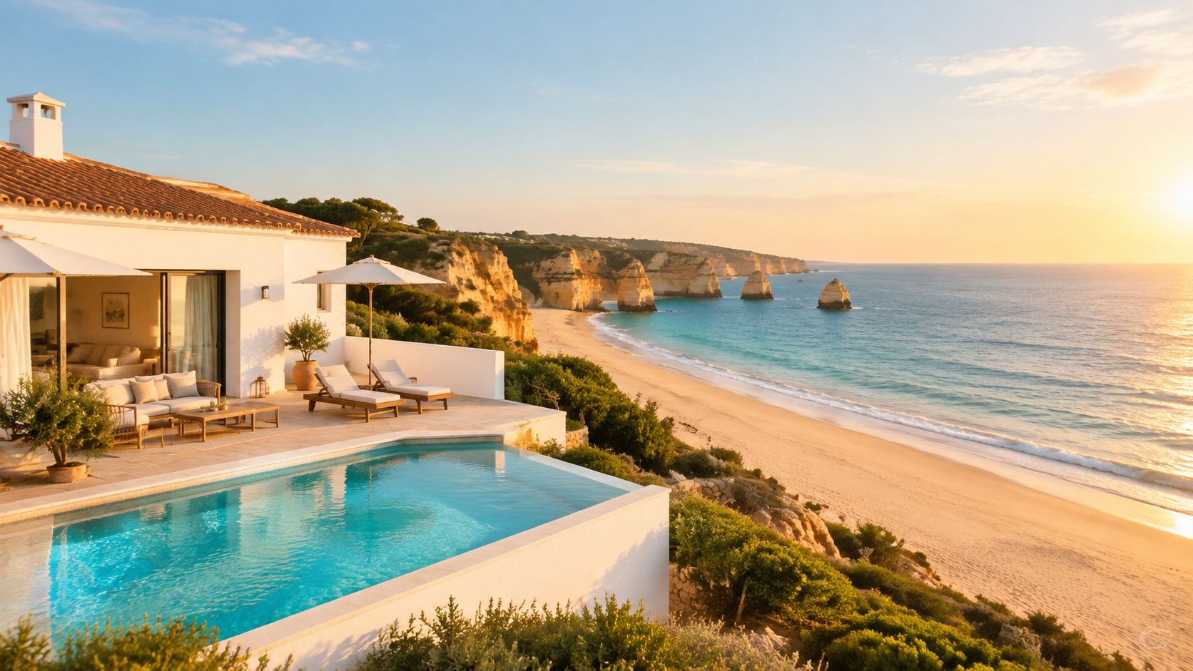 A stunning luxury villa overlooking the ocean with an infinity pool and beautiful sunset beach view.