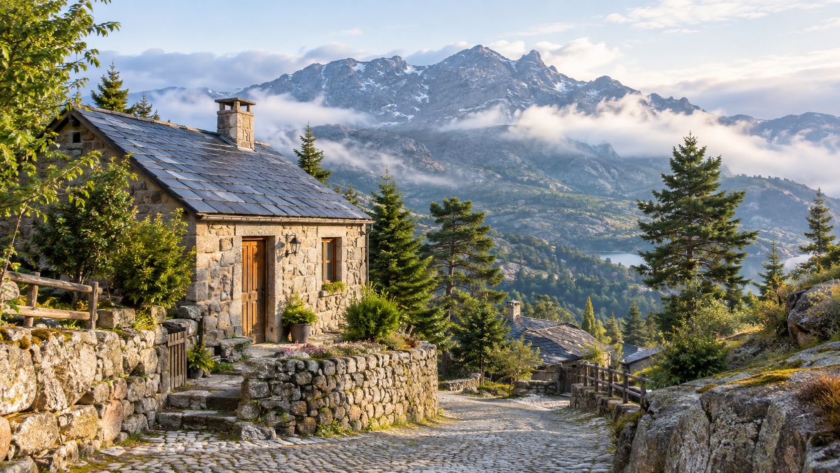 A rustic stone cottage nestled in a serene mountain landscape with a cobblestone path at sunset.