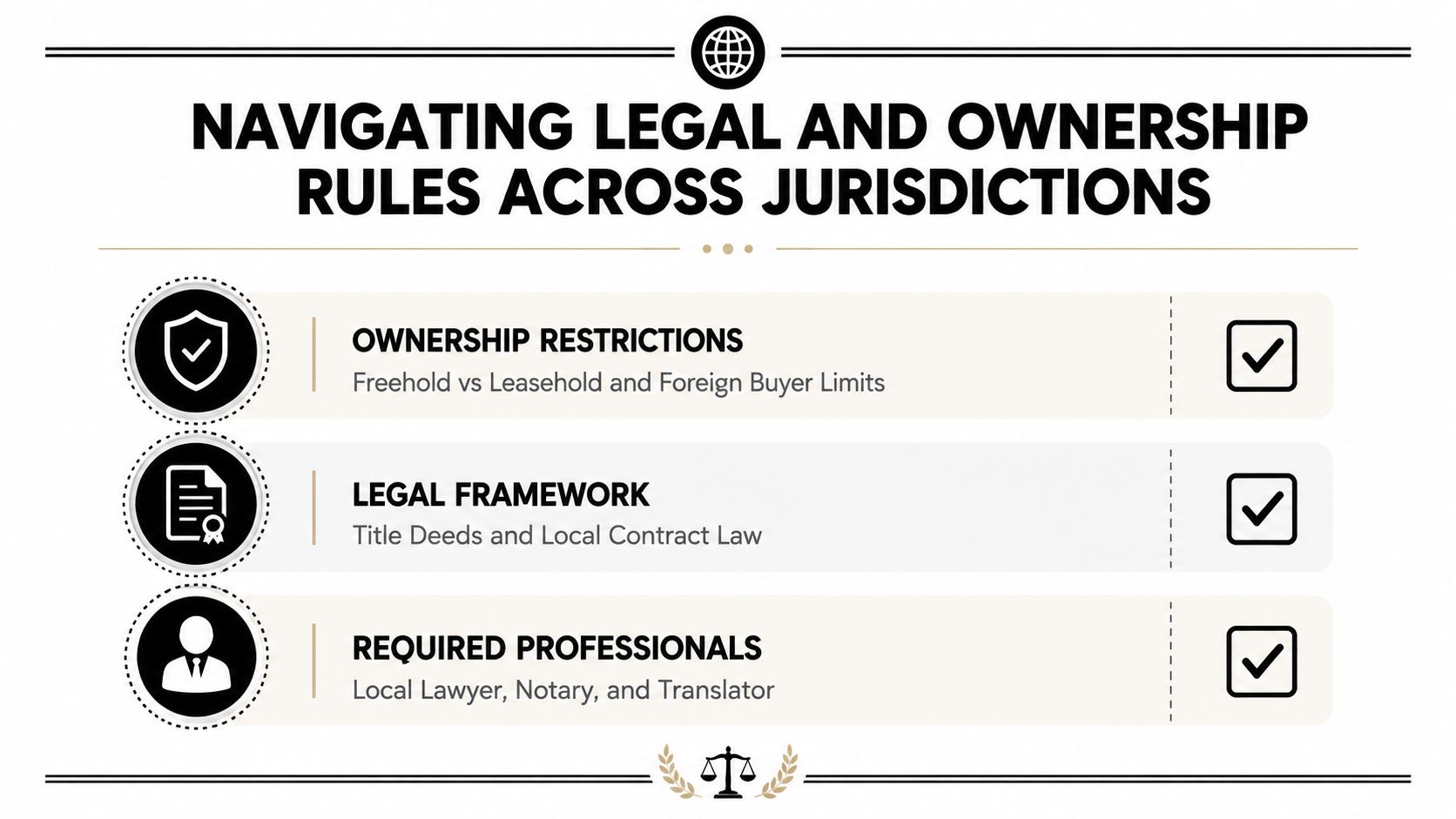 A diagram outlining key considerations for buying property abroad including ownership restrictions, legal frameworks, and necessary professional services.