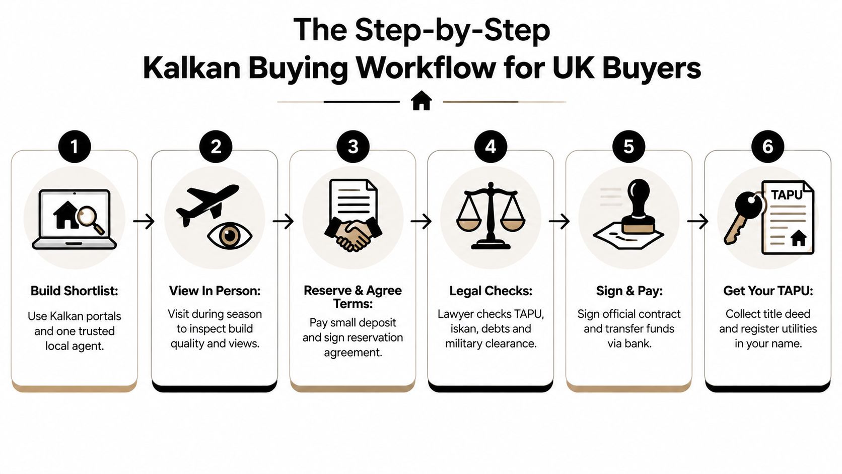 A six-step infographic illustrating the professional workflow for UK buyers purchasing property in Kalkan, Turkey.