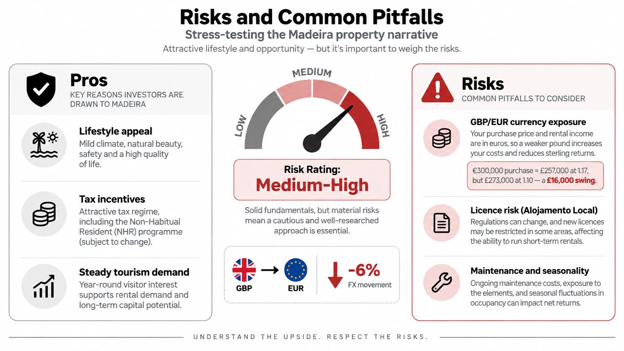 An infographic detailing the pros and risks of investing in Madeira property, including currency and regulatory considerations.
