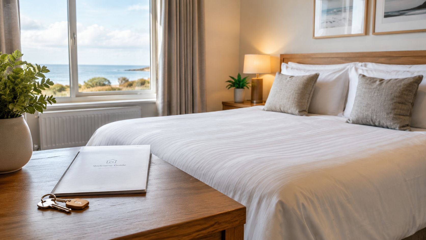 A cosy bedroom with a white bed, sea view window, welcome guide, and keys on a wooden table.