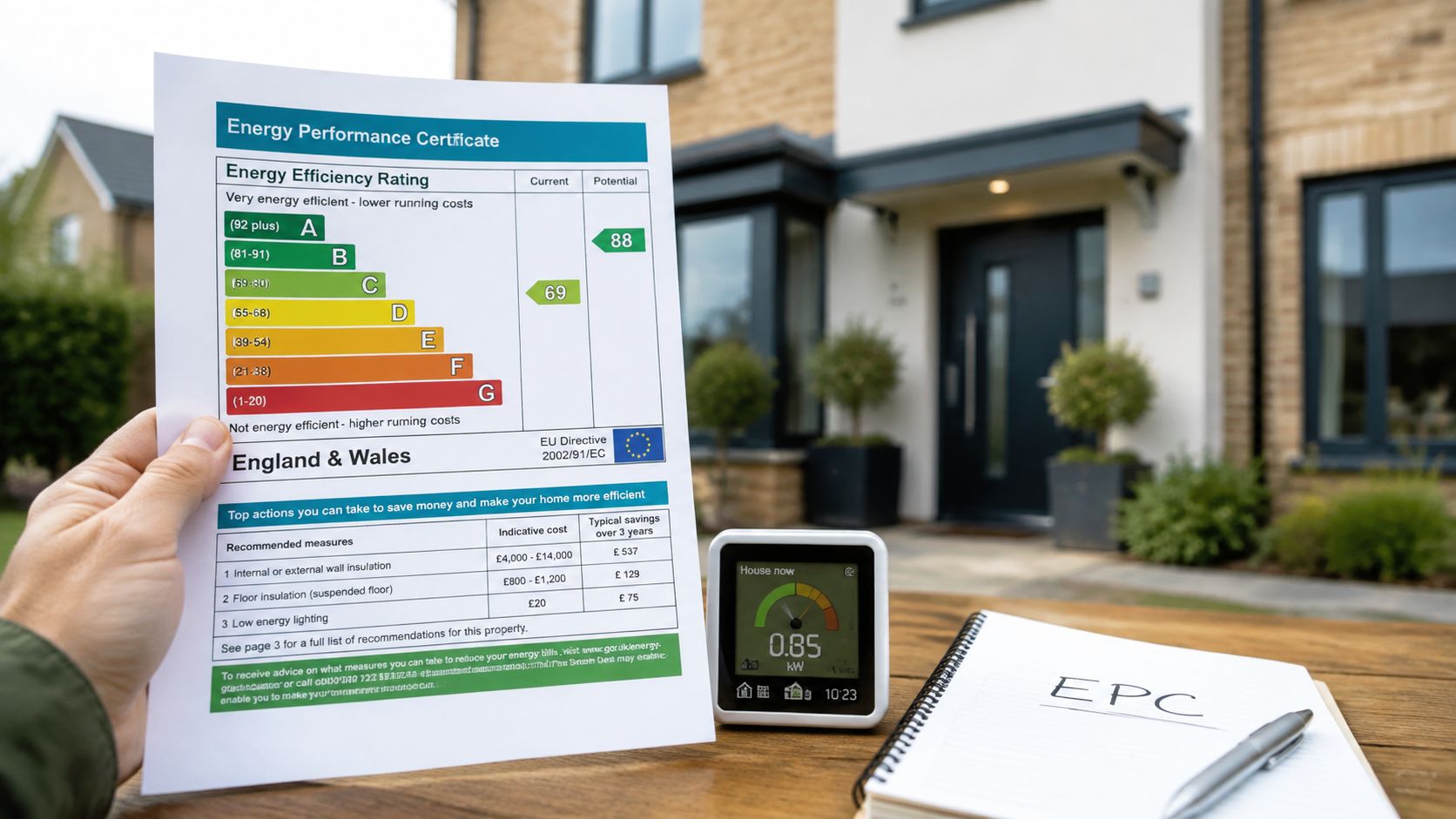 A person holds an Energy Performance Certificate for a property next to an energy monitor on a desk.