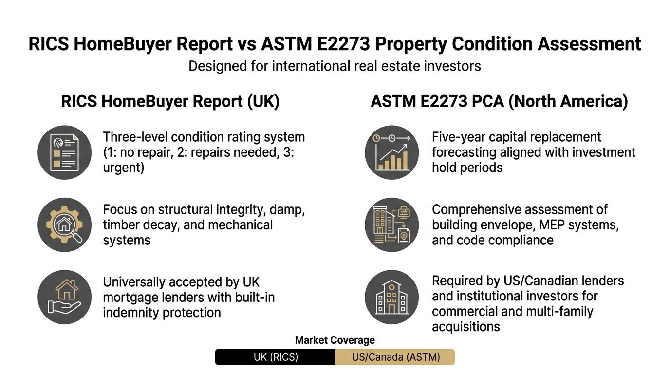 A comparison chart outlining key differences between UK RICS HomeBuyer Reports and North American ASTM E2273 assessments.