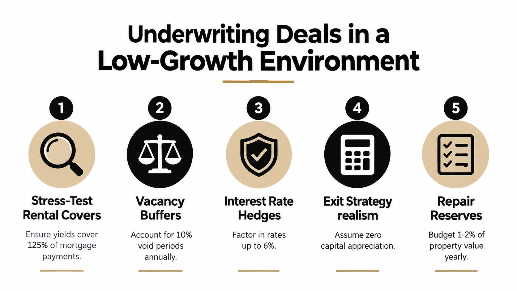 An infographic outlining five key strategies for underwriting real estate deals in a low-growth environment.