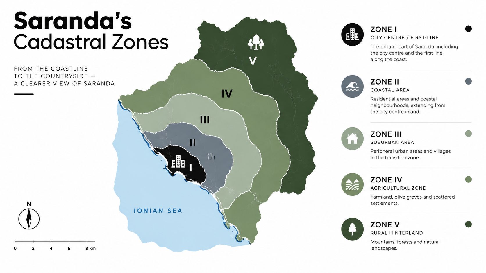 A map of Saranda, Albania, highlighting five distinct cadastral zones ranging from the city center to countryside.