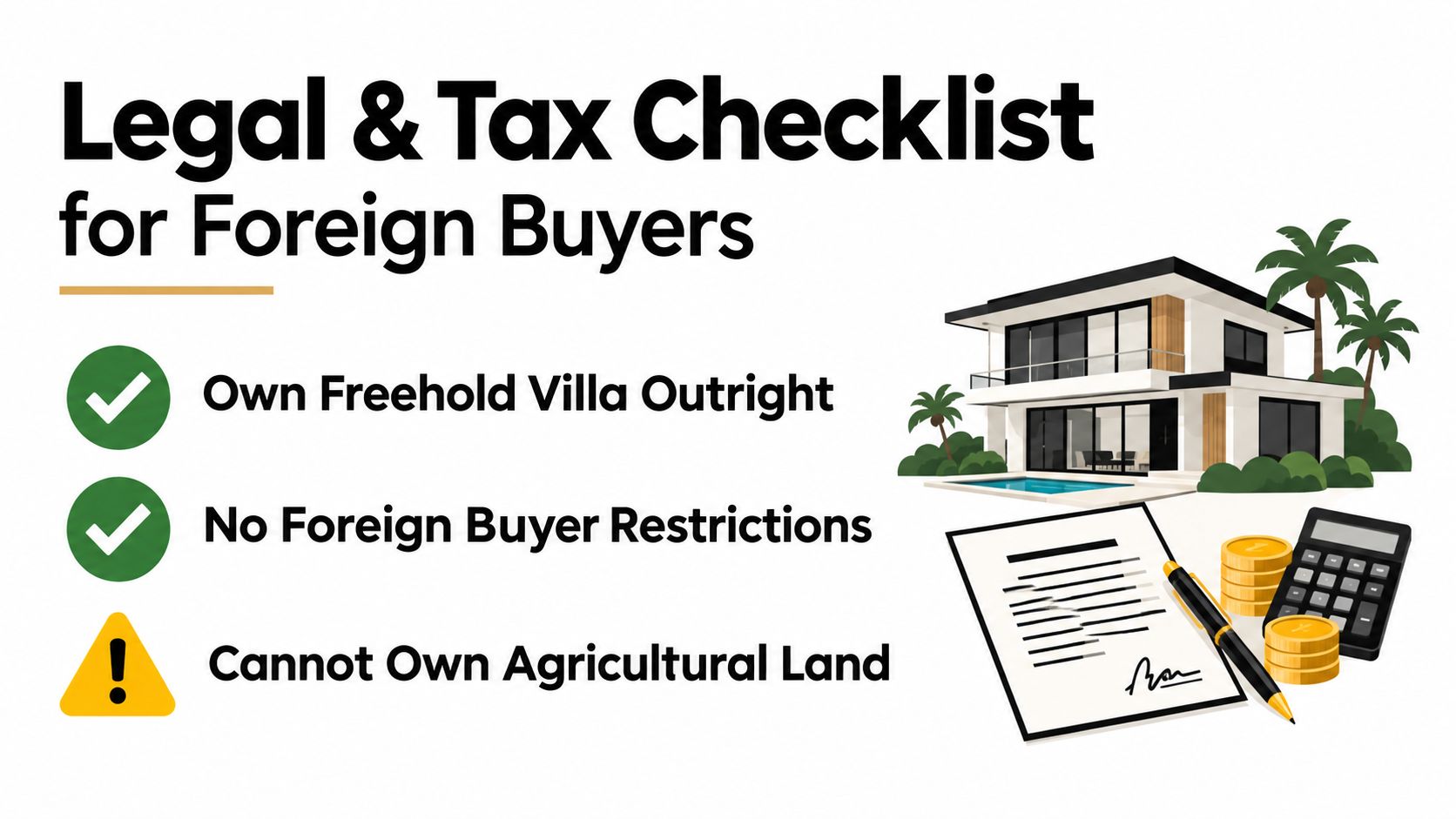 An infographic titled Legal and Tax Checklist for Foreign Buyers illustrating villa ownership property rules.