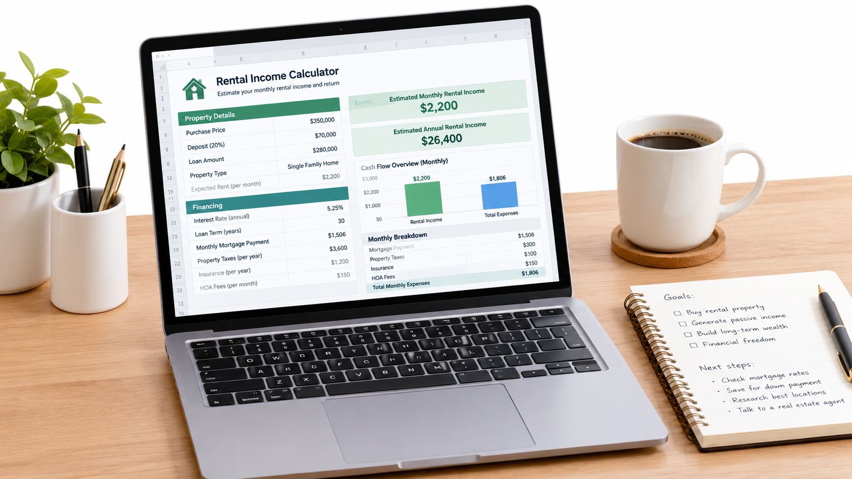 A laptop on a wooden desk showing a spreadsheet with a rental income calculator and financial goals.