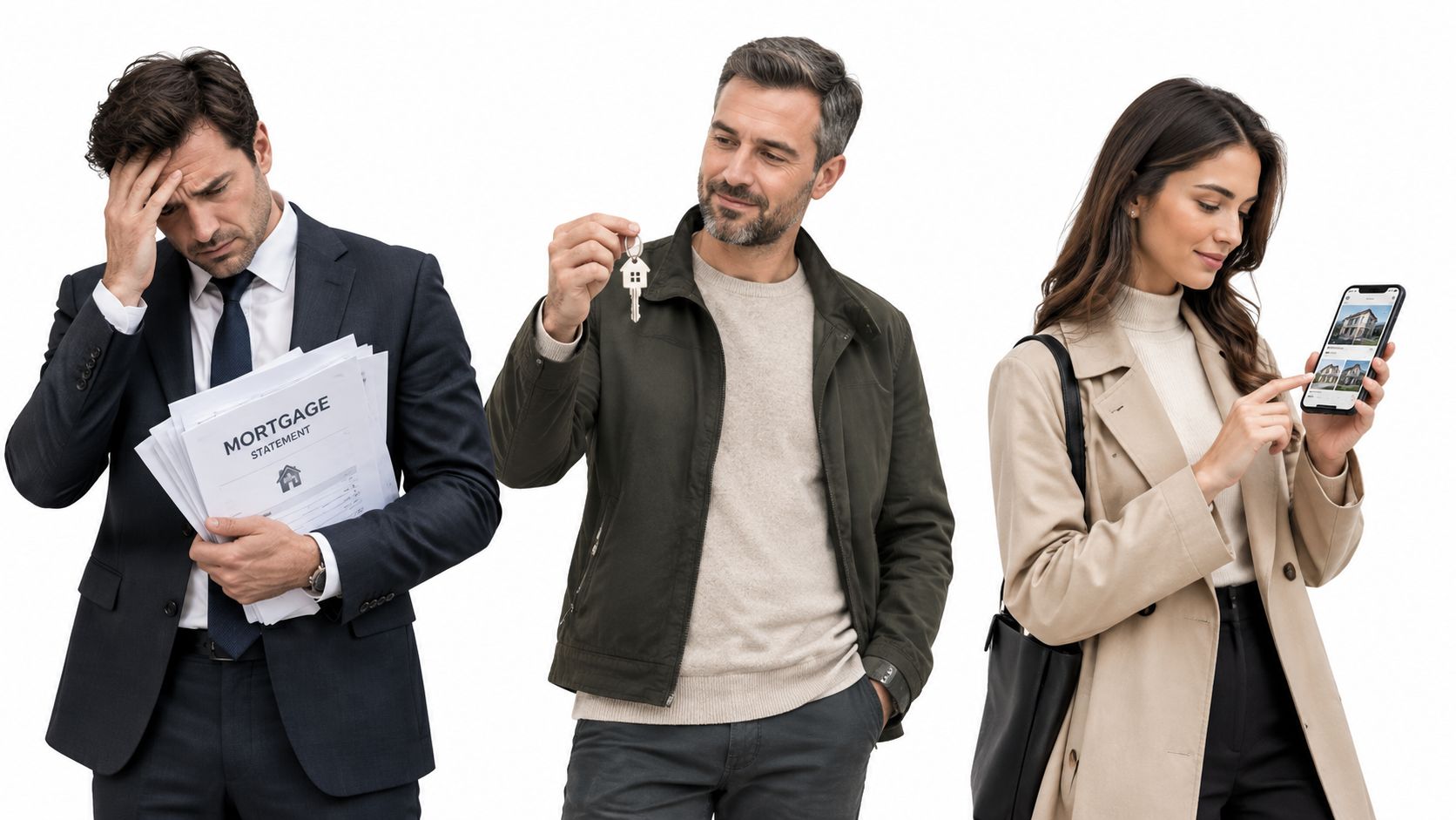 A distressed businessman with mortgage papers, a man holding keys, and a woman browsing real estate listings.
