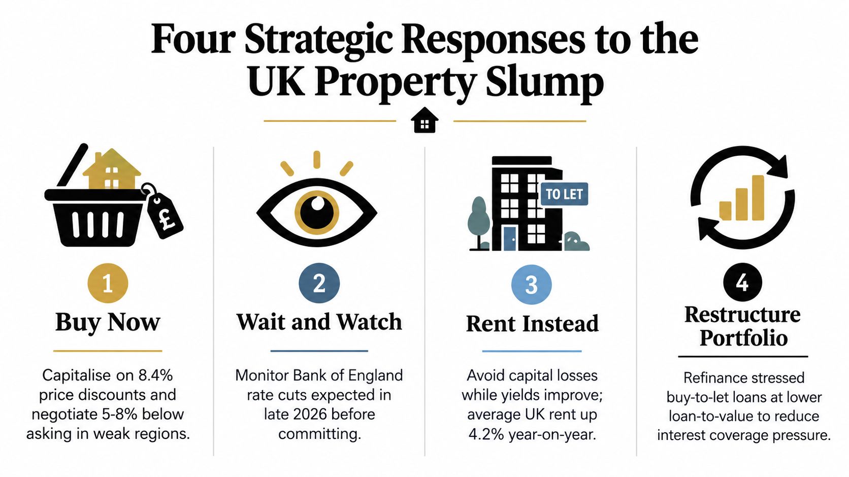 An infographic detailing four strategic responses to the UK property market slump for investors and buyers.