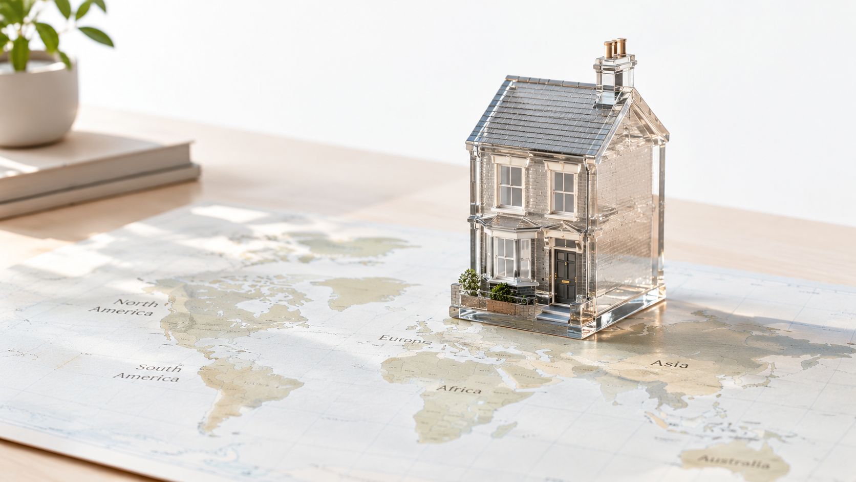 A crystal miniature house model placed on top of a world map resting on a wooden table.